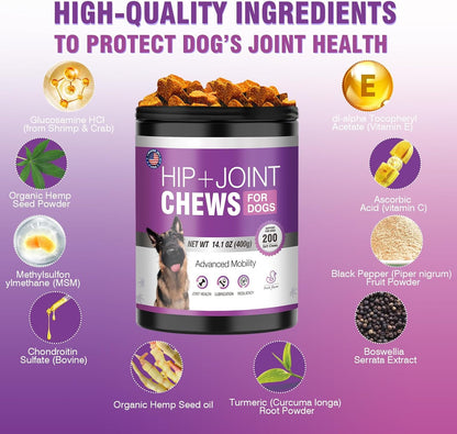 Glucosamine for Dogs 200pcs Joint Support Supplement Dog Hip and Joint Chondroitin Chews Treats with MSM Hemp Dog Joint Pain Relief Mobility Supplements Duck Flavor Fit All Large Small Medium Breed