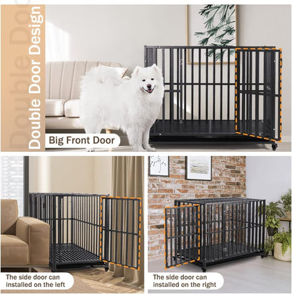 LUCKUP Heavy Duty Dog Crate-38 inch Large Metal Dog Cage with 2 Doors and 4 Wheels, Stackable Dog Kennel for Large & Medium Dogs, Removable Tray