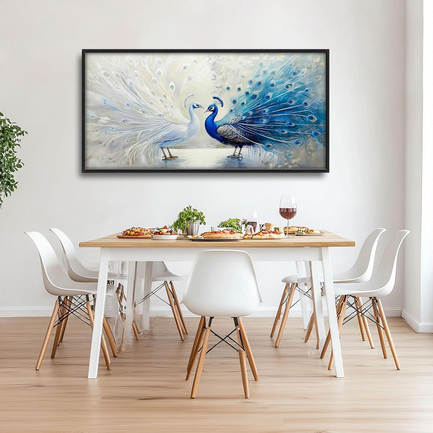 Quorin Peacock Large Wall Art Blue and White Pictures Elegant Animal Wall Decor Canvas Print Painting Artwork for Bathroom Living Room Bedroom 60L x 30W