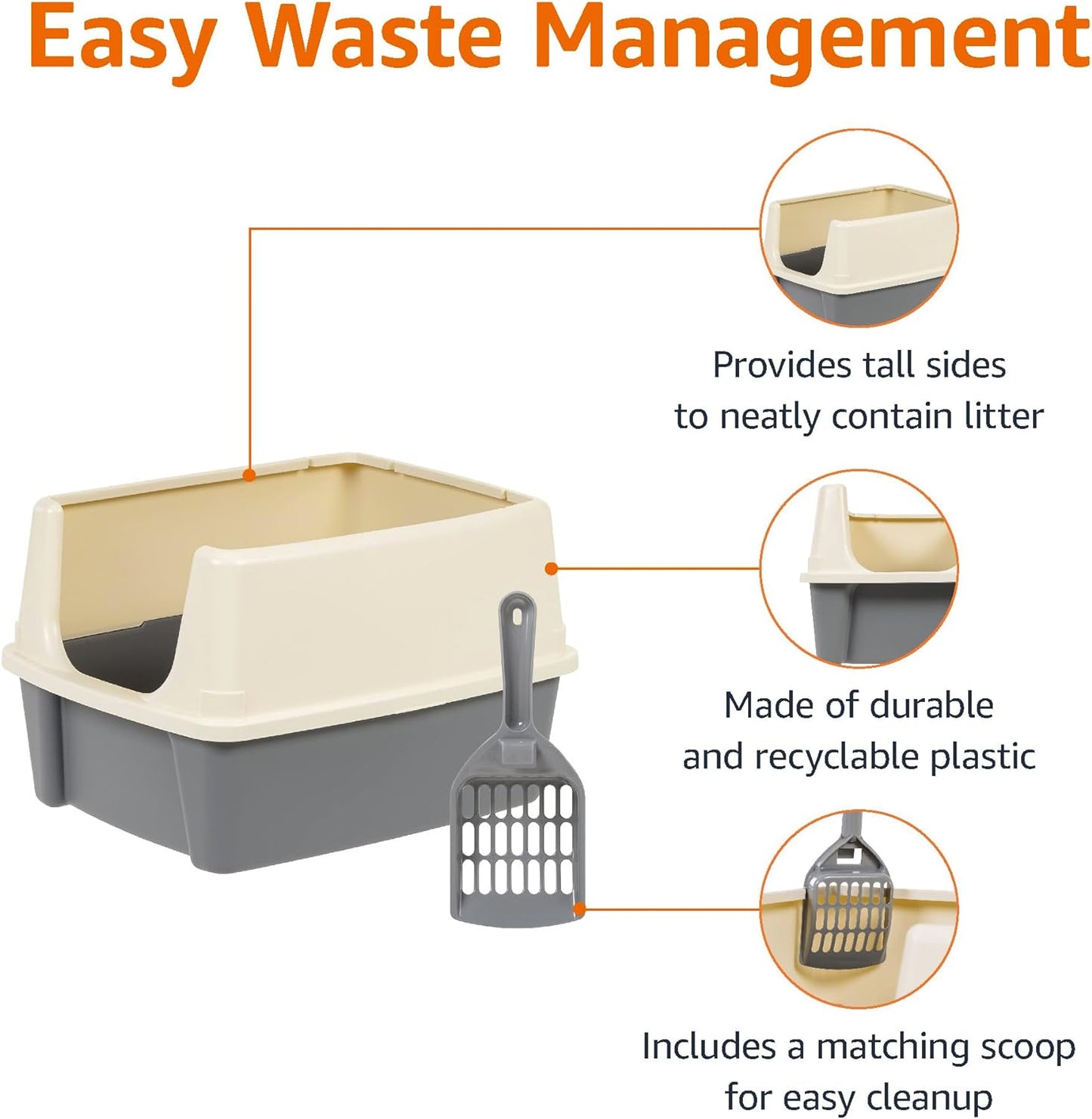 Amazon Basics Large Cat Litter Box with High Sides, Open Top, Includes Scoop, 19 x 15 x 11.75 inches, Grey/Beige