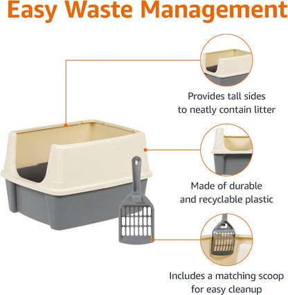 Amazon Basics Large Cat Litter Box with High Sides, Open Top, Includes Scoop, 19 x 15 x 11.75 inches, Grey/Beige
