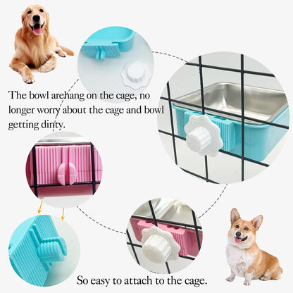 kathson Crate Dog Bowl, Removable Stainless Steel Hanging Pet Kennel Cage Bowl Food & Water Feeder Coop Cup for Puppy, Cat, Rabbit,Guinea Pigs 3pcs Square(Blue,Green,Pink)