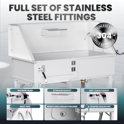 38" Dog Washing Station, Professional Stainless Steel Dog Bathing Station Dog Bathtub for Large & Medium Dog, Height Adjustable Dog Grooming Tub with Storage Basket, Movable Stair (Left Stair)