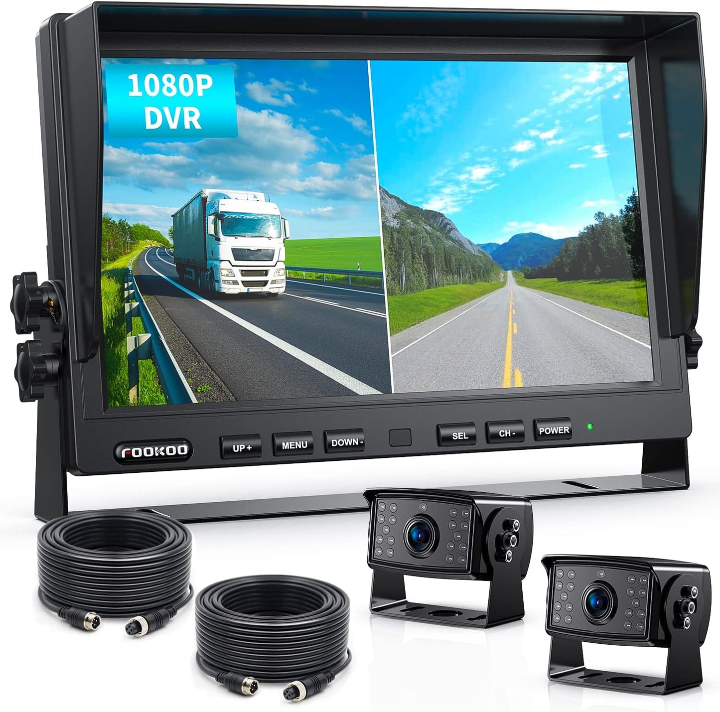 Fookoo ??HD Wired Backup Camera System Kit,10 inch Dual Split Screen Monitor with Recording IP69 Waterproof Front View Rear View Cameras Parking Lines for Truck/Semi-Trailer/Box Truck/RV(DY102)