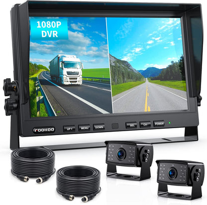 Fookoo ??HD Wired Backup Camera System Kit,10 inch Dual Split Screen Monitor with Recording IP69 Waterproof Front View Rear View Cameras Parking Lines for Truck/Semi-Trailer/Box Truck/RV(DY102)