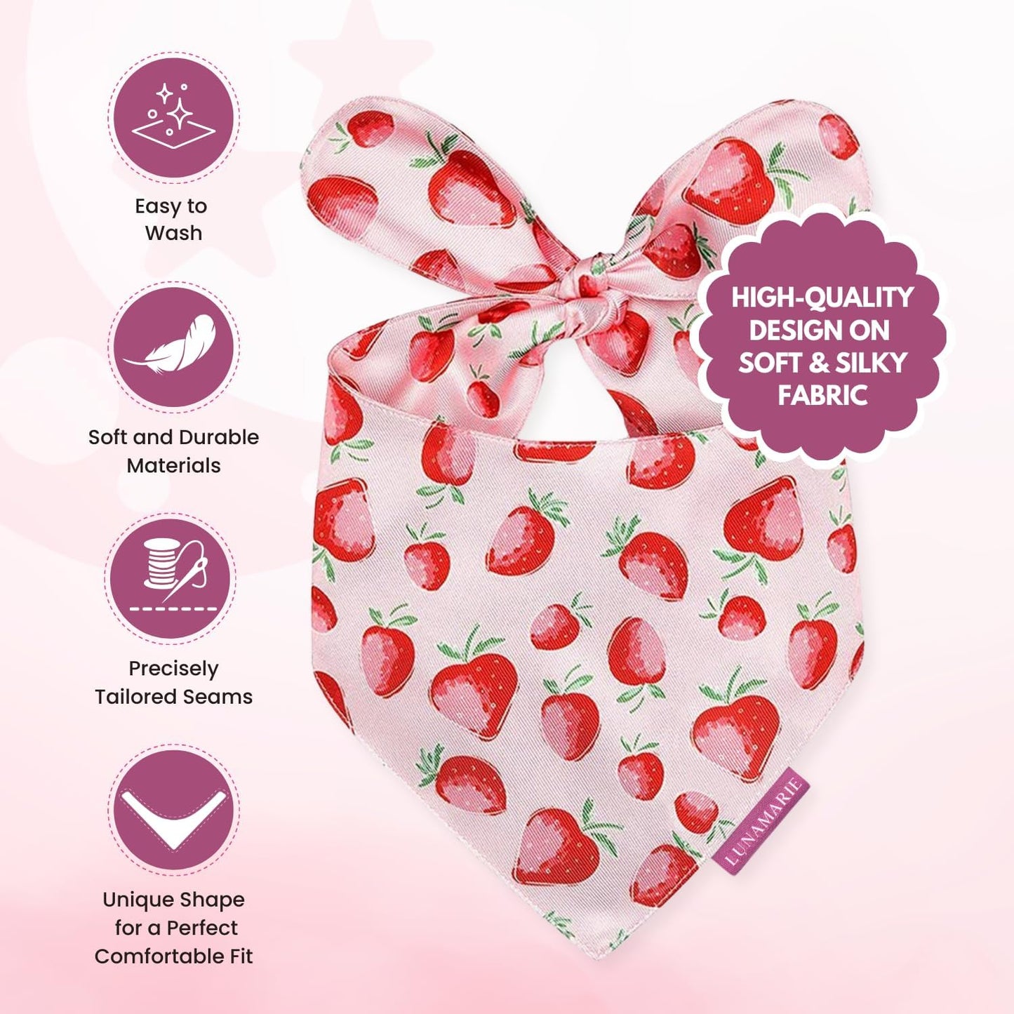 LunaMarie - Luxury Dog Bandanas - Cute Unique Designs | Premium & Silky Poly Fabric | 100% Handmade Custom Shape Dual Layered Small, Medium, Large Cat Scarf (Strawberry, Large)
