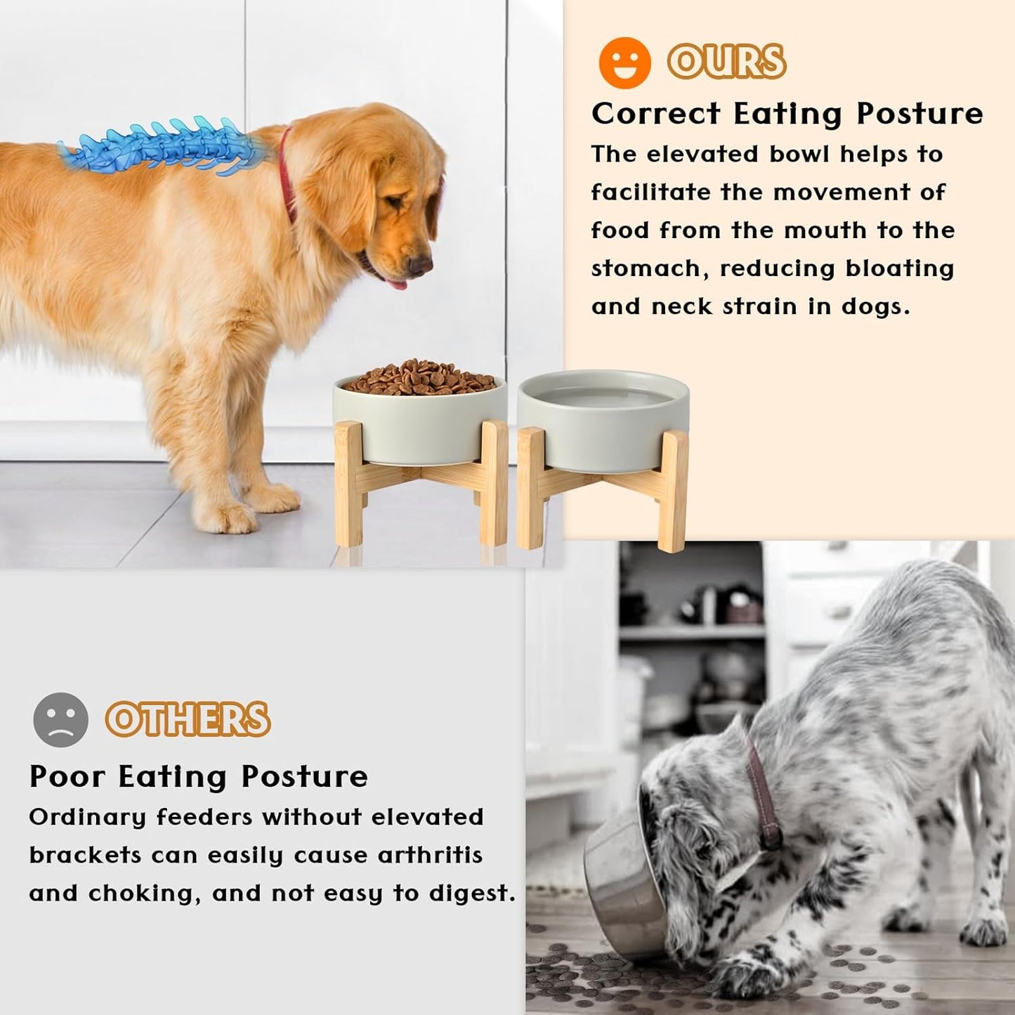 SPUNKYJUNKY Ceramic Elevated Dog Bowls 2 Pack - 6.1inch Raised Dog Bowls with Non-Slip Wooden Stand for Medium Dogs Dishwasher Safe(Grey,28.7OZ*2)