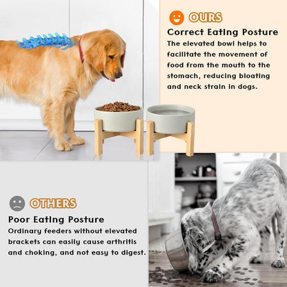 SPUNKYJUNKY Ceramic Elevated Dog Bowls 2 Pack - 6.1inch Raised Dog Bowls with Non-Slip Wooden Stand for Medium Dogs Dishwasher Safe(Grey,28.7OZ*2)