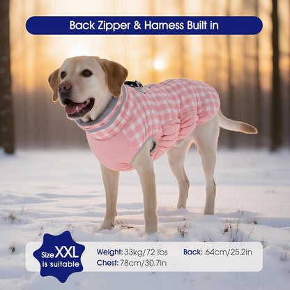 FUAMEY Dog Coat for Medium Dogs,Waterproof Dog Winter Jacket with Harness Built in Puppy Cold Weather Coats Reflective Pet Vest with Zipper Warm Fleece Dogs Snowsuit Windproof Pink Plaid M
