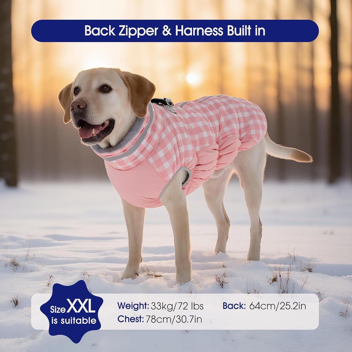 FUAMEY Dog Coat for Large Dogs,Waterproof Dog Winter Jacket with Harness Built in Puppy Cold Weather Coats Reflective Pet Vest with Zipper Warm Fleece Dogs Snowsuit Windproof Pink Plaid 2XL