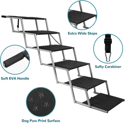 Extra Wide Dog Stairs for Large Dogs,Dog Ramps for Cars,Portable Folding Doggy Stairs for Cars,SUV,Trucks,Pet Ramp with Non-Slip Surface,Pet Steps Supports Up to 250 lb,6 Steps