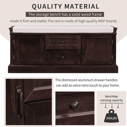 Storage Bench with 2 Drawers and 2 Cabinets, Pine Wood Pine Wood Shoe Bench with Removable Cushion for Living Room, Entryway 42.5" L x 15.9" W x 17.5" H (Espresso)