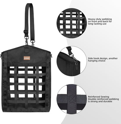 Innovative Hay Bags for Horses, Goat Hay Feeder with Reinforced Oxford Fabric and High Strength Metal Clasp,Horse Feeding Supplies with Adjustable Strap for Easy Hanging (2 Black+1 Purple)