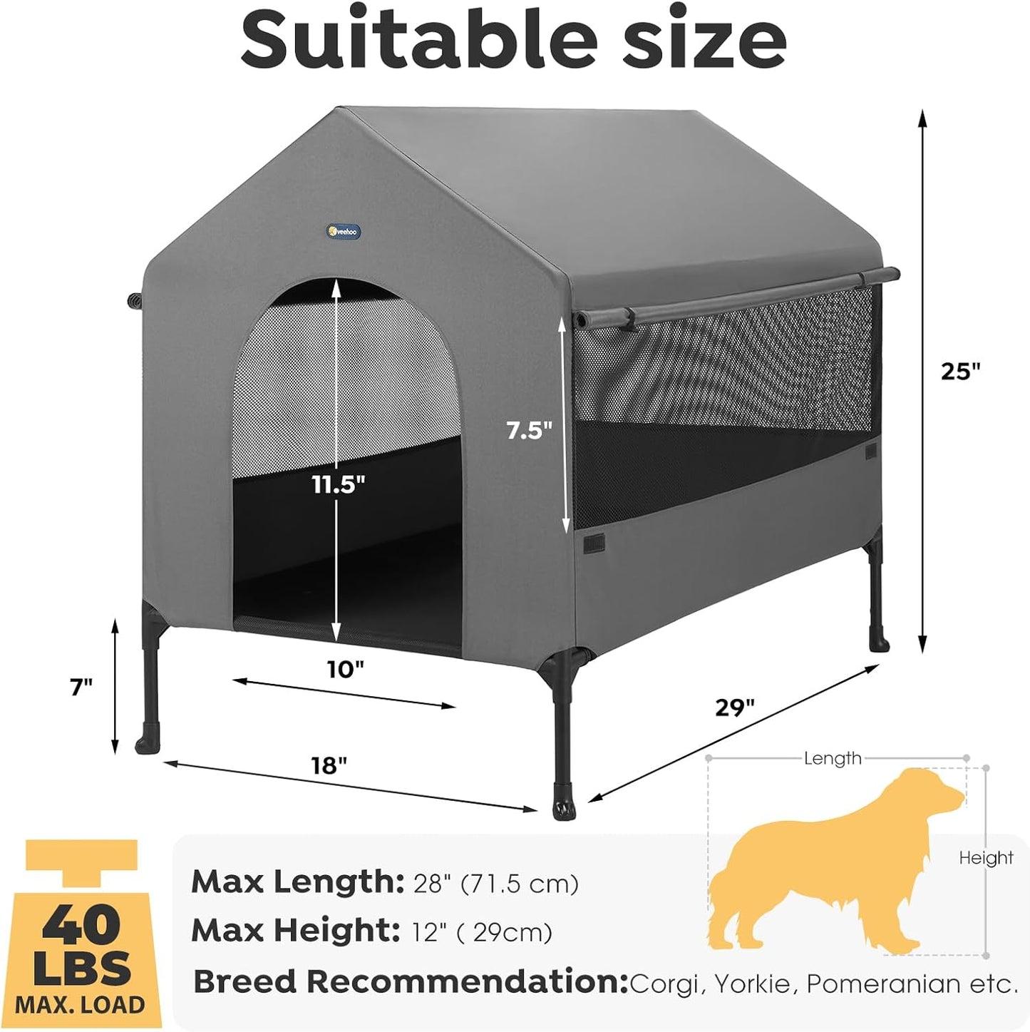 Veehoo 29" Dog House, 2-in-1 Small Dog House Outdoor Indoor Weatherproof, Outside Elevated Dog Cot Bed Dog Tent Shade, Three-Sided Breathable Mesh Windows and Sunshades, CWC2435CP