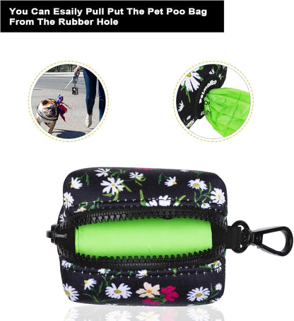 Petmolico Dog Poop Bag Holder Leash Attachment, Dog Waste Bag Dispenser Zippered Pouch, Fits Any Dog Leash, Includes Free Roll of Dog Bags, Poop Bag Dispenser - 2 Packs (White Daisy)