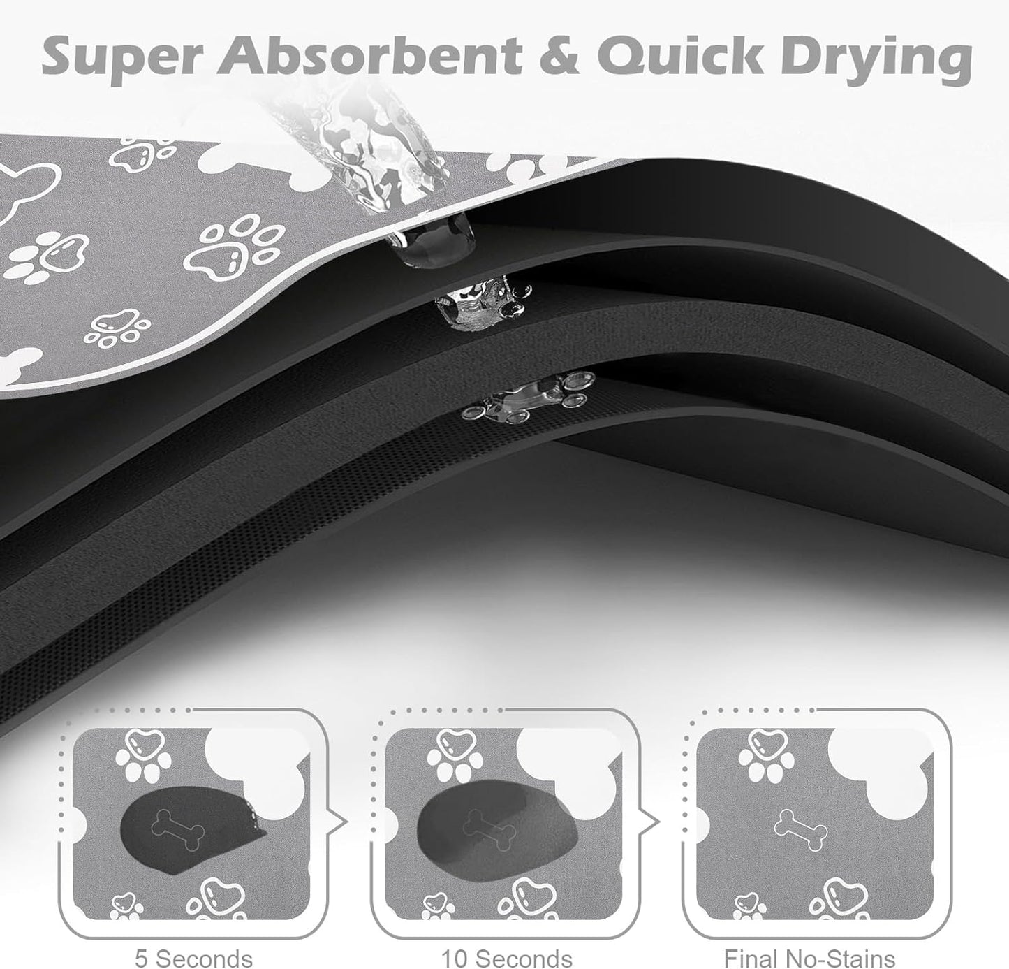 Dog Cat Food Mat,Rapid Absorbent Pet Feeding Mat, Bone Shaped Dog Placemat Water Bowl Mat with Rubber Backing,No Stains Dog Cat Food Mats Indoor, Pet Accessories Supplies 16"×24" Grey