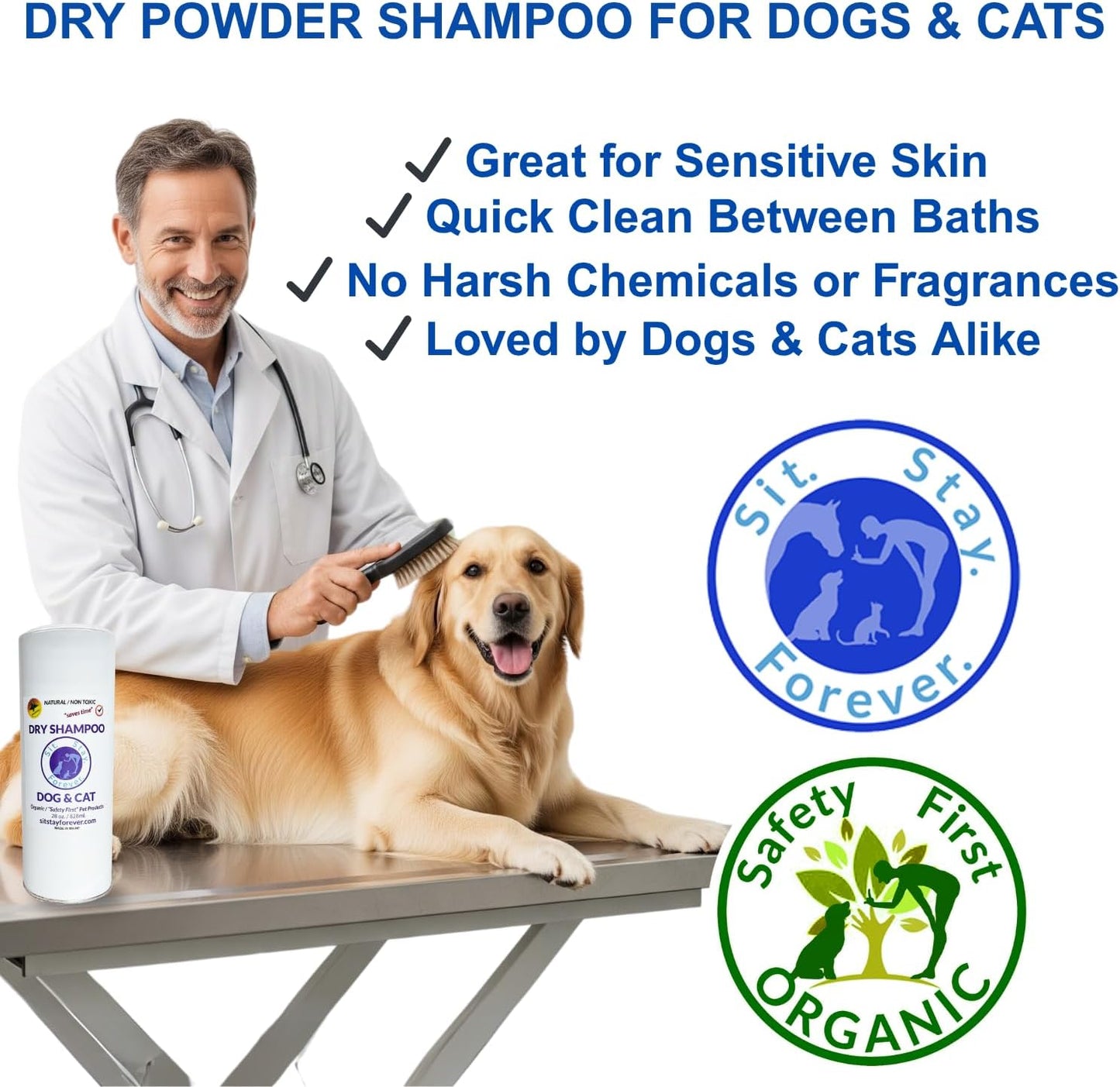 Sit Stay Forever Dry Powder Shampoo for Dogs, Dry Shampoo for Smelly Dogs and Cats, Talco para Perros y Gatos, Shampoo for Stinky and Itchy Skin, Waterless Dog Shampoo, 28 oz