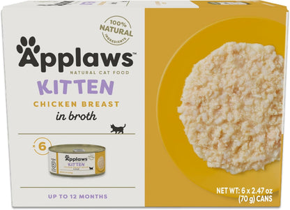 Applaws Natural Wet Kitten Food in Broth, Limited Ingredient Canned Wet Kitten Food, No Additives, Made with Natural Ingredients, Chicken Breast in Broth (6 x 2.47oz Cans)
