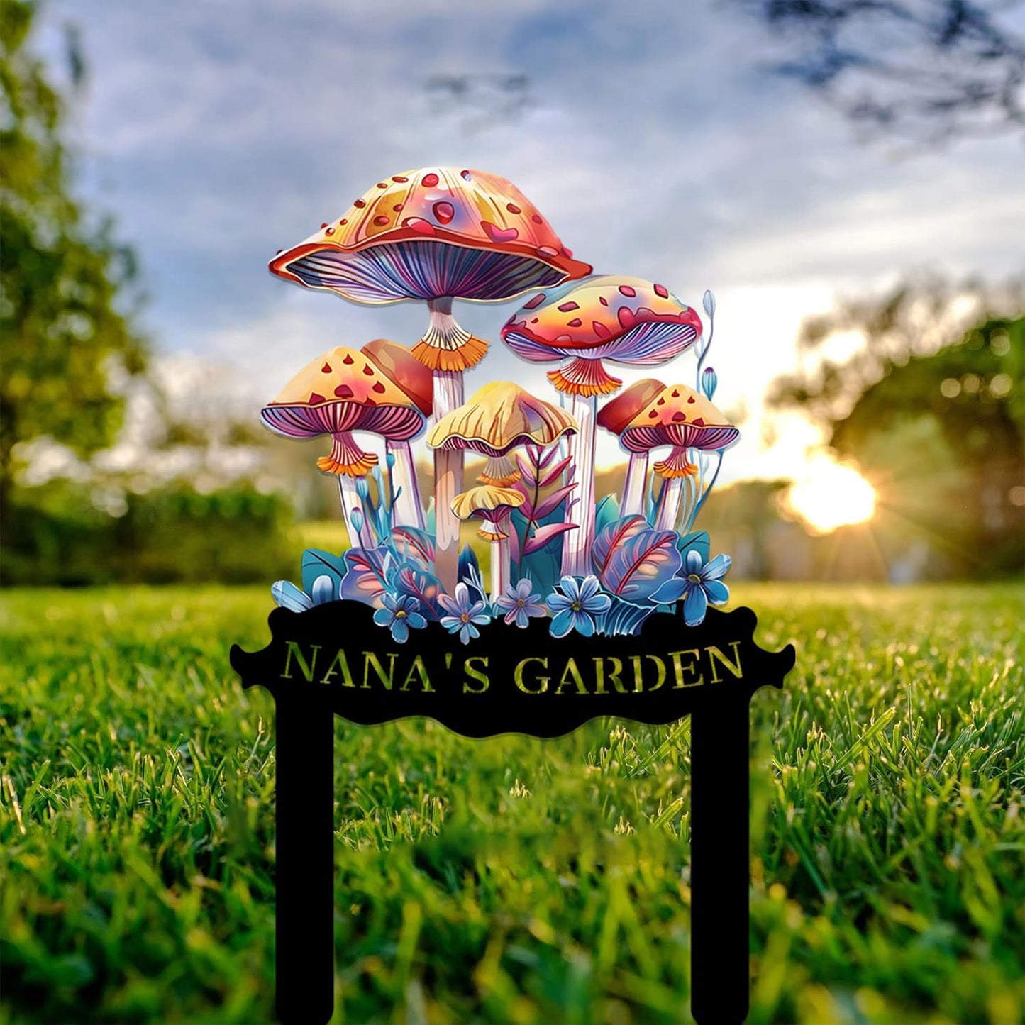 Personalized Mushroom Metal Sign with Stake,Custom Gardener Family Name Signs Outdoor Decor,Customized Flowers Gardening Birthday Gifts,Butterfly Plaque for Patio Lawn Porch Backyard Front Door Garage