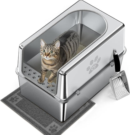Enclosed Stainless Steel Cat Litter Box with Lid, Metal Litter Box for Big Cats, Extra Large Cat Toilet with High Side, Non-Stick, Anti-Leakage, Odorless, with Cats Litter Mat & Litter Scoop