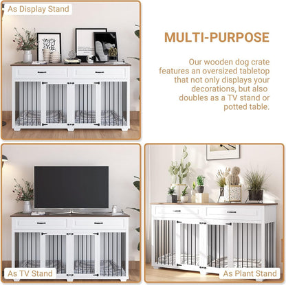 Large Dog Crate with Double Rooms, 72" Heavy Duty Wooden Dog Cage Furniture Dog Crate Kennel with Drawers & Removable Divider,Indoor Luxury Dog House for Large Dogs,White