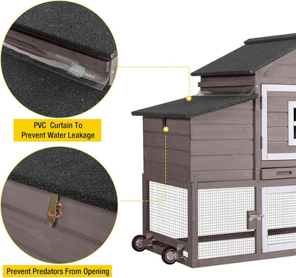 Aivituvin Chicken Coop Outdoor with Wheels, Mobile Hen House Wooden Poultry Cage with Run & Waterproof Roof (Grey with White)