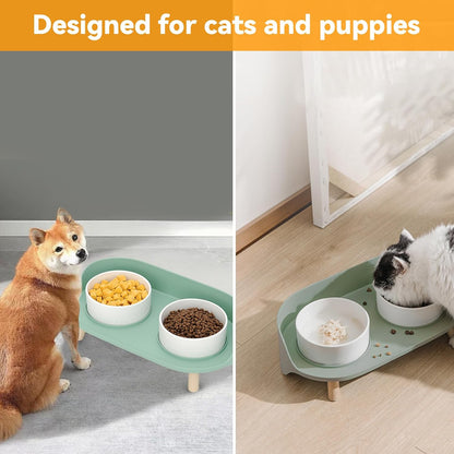 Elevated Dog Bowls Set, Ceramic Pet Food & Water Bowls with Non-Slip Stand, No Spill Design for Cats/Small Medium Dogs Green