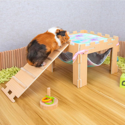 Guinea Pig Hammock with Platform and Ramps,Wooden Small Animal Hideout with Waterproof Coating Mat Hammock,Guinea Pig Cages Accessories Toys Hiding Playing,Easy to Clean(Double)