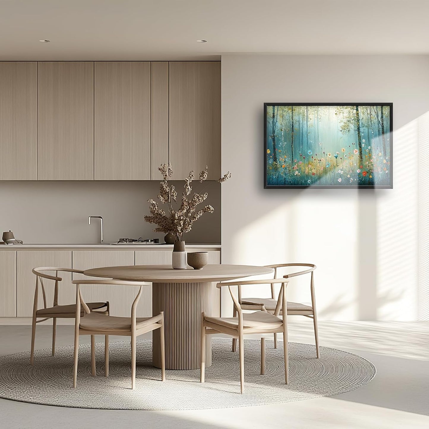 Large Forest Tree Wall Art for Living Room, Framed Oversized Wildflowers Wall Decor, Foggy Landscape Canvas Painting Modern Artwork Home Decoration for Dining Room Bedroom Office 36"x24"