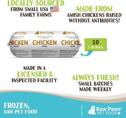 Raw Paws Signature Blend Pet Food for Dog & Cats - Chicken Recipe, 1-lb Rolls (10 Pack) - Frozen Fresh Dog Food - Made in USA - Natural Raw Diet Dog Food Log