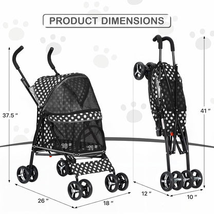 MoNiBloom 4 Wheels Pet Stroller, Easy-Fold Umbrella Shaped Dog Cat Jogger Stroller w/Storage Bag & Visible Mesh for Small/Medium Dogs Cats Black Polka Dots