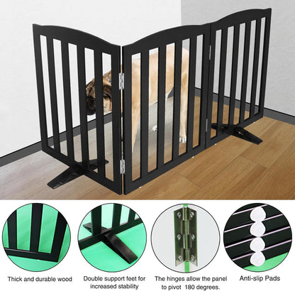 ZJSF Foldable Freestanding Indoor Dog Gate for House Wood Long Pet Gates Dog Fence for Stairs Puppy Gates for Hallways, Puppy Gate,Support Feet Included, Black, 32 "Height-3 Panels