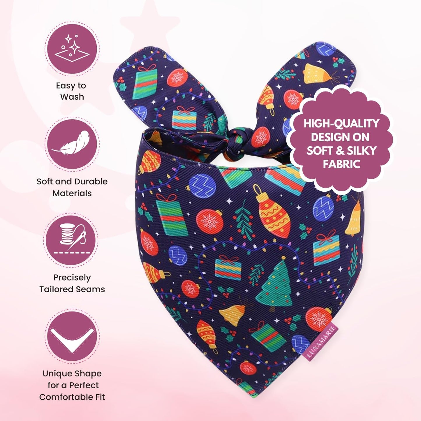 LunaMarie - Luxury Pet Birthday Bandanas -Premium & Silky Poly Fabric | 100% Handmade | Custom Shape Dual Layered (Christmas Tree, Small)