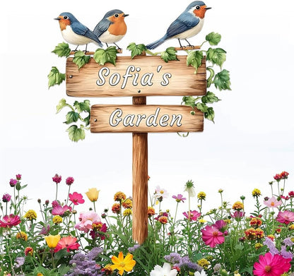 Personalized Bird Metal Sign with Stake,Custom Gardener Last Name Signs Outdoor Decor,Customized Flower Gardening Housewarming Gifts,Birds on the Branch Plaques for Patio Lawn Porch Backyard Farmhouse