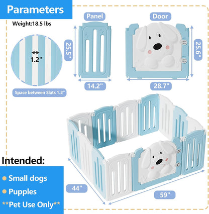 Foldable Dog Play Pen Indoors, Non-Slip Sturdy Puppy Playpen with Door, 25.5" H 12-Panel Adjustable Shape Dog Fence Pen for Small/Medium Dogs, Thickened, Easy to Store, White+Blue