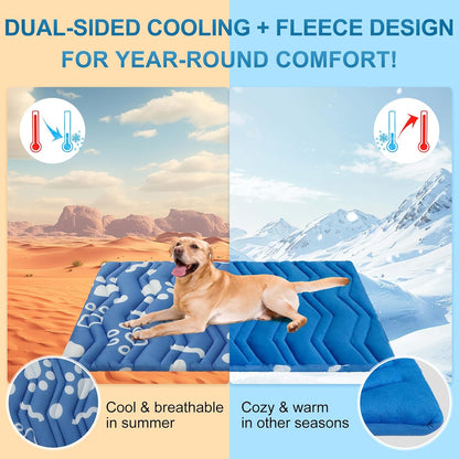 BEAUTYZOO Dog Cooling Mat- Upgraded Thicken Cooling Mat for Large Dogs Reversible(Cool & Warm) Pet Ice Cool Bed Washable & Portable, Summer Crate Pad for Big Dog Puppy Up to 44 lbs, Paw Blue 36X23IN