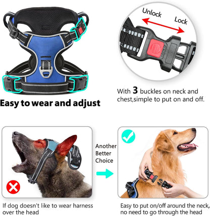 Timos Dog Harness for Large Dogs, No Pull Service Vest with Reflective Strips and Control Handle,No Choke Dog Harness with 2 Metal Rings for Easy Walking,Outdoor Training,Blue, XL