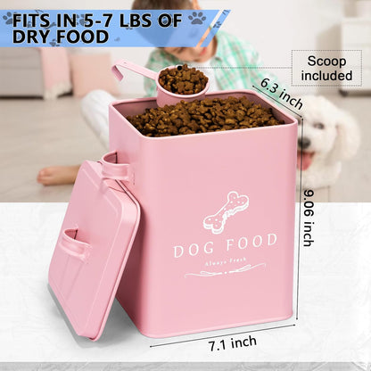 Meraki Home Small Dog Food Container and Dog Treats Container - Tight Lids - Feed Scoop and Pet Food Bowl - Farmhouse Metal Storage Bin - Matte Pink