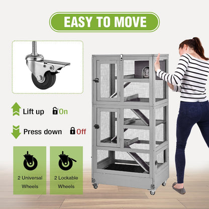 Large Ferret Cage, Chinchilla Cage with 5 Levels, Wooden Guinea Pig Cages with Wheels, Small Animal Cages with Ramp, Hideout, Pull Out Tray, for Rat, Hamster, Hedgehog