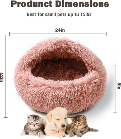 Cat Bed for Indoor Cats, Calming Cozy Cave with Self-Warming Plush, Entire Bed Machine Washable & Anti-Slip Base, Breathable Pet Bed for Small Cats&Dogs All Seasons (Leather Pink, 24 * 24inch)