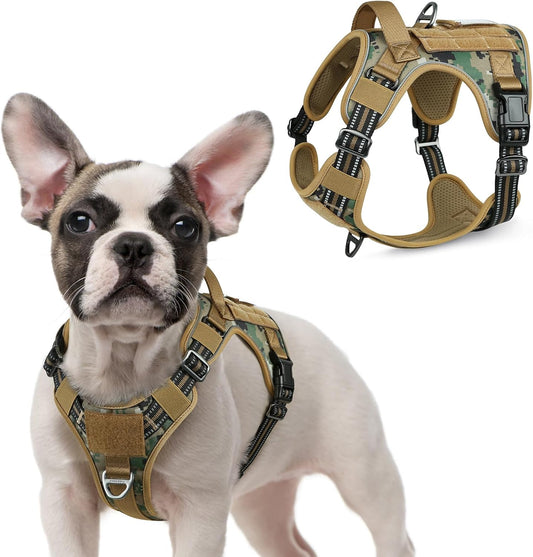 rabbitgoo Tactical Dog Harness for Small Dogs, No Pull Military Service Vest with Handle & Molle, Easy Control for Training Walking, Adjustable Reflective Straps, Brown camo, S