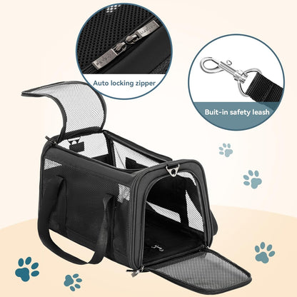 Petsfit Airline Approved Dog Carrier Cat Carrier, Soft-Sided Collapsible Pet Carrier for Travel, 3 Carrying Ways, Lightweight and Ventilation on 5 Sides, Escape Proof, with Soft Fleece Pad
