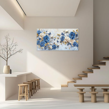 Large Flower Wall Art Canvas Living Room Floral Pictures Framed Prints Oversize Wall Decor Blue Butterfly Painting for Bedroom Dining Office Home 60"x30"