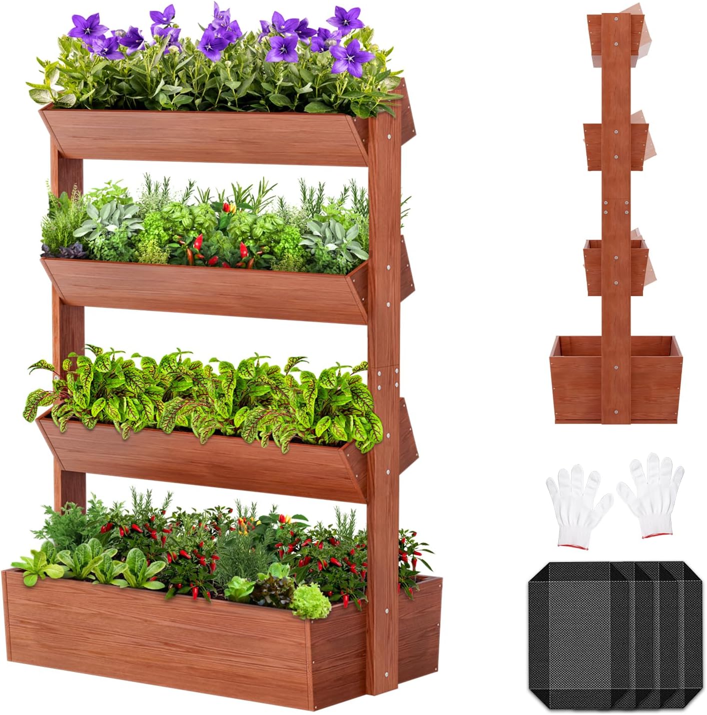 SUNYRISY 4 Tiers Vertical Wooden Raised Garden Bed Outdoor, Freestanding Garden Planter Box Stand for Planting Herbs Flowers Vegetables Outdoor Gardening