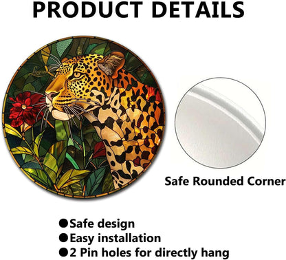 Lygond Metal Sign Tin Sign Circular Stained Glass Leopard Minimalist Wall Art for Garden 12×12 Inches