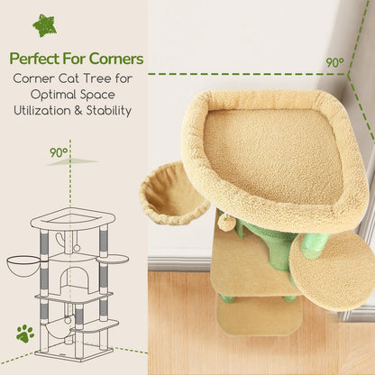 Globlazer Cactus Corner Cat Tree Tower with Scratching Post for Indoor Cats, 51in Multi-Level Cat Condo Tower with Large Hammock, Fan-Shaped Padded Perch, Spacious Cat Cave, Hanging Basket, C51, Green