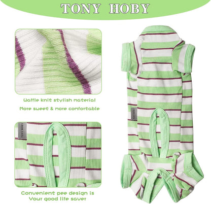 TONY HOBY Dog Pajamas, Male Dog Jumpsuit with Green Stripe, Dogs Clothes for Small Medium Size Dogs (Green&White, Boy, XS)