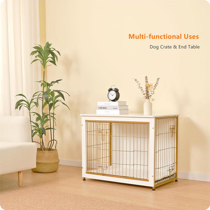 DWANTON Dog Crate Furniture with Cushion, Wooden Kennel Table with Double Doors, Indoor Dog House, Medium Size, 32.5" L, White