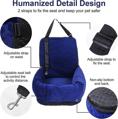 Dog Car Seat for Small Medium Dogs Up to 40lbs, Detachable Washable Soft Pet Booster Travel Bed for Front & Blue Seat with Safety Leash Belt