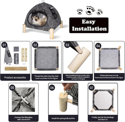 2-in-1 Elevated Cat Tent Cat House, Quick Assembly and Disassembly, Portable Indoor/Outdoor Cute Cat Bed Cave-Black Diamond Pattern